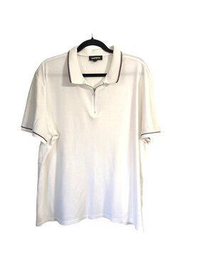 Mens White Express Polo Shirt XL With Contrast Trim & Quarter-Zip Collar